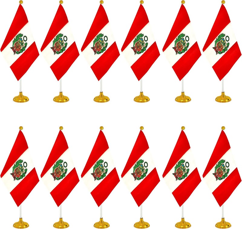 WXTWK 12 Pack Peru Flag Peruvian Desk Flag Small Mini Peruvian Table Flags With Stand Base,Home Office Festival Events Celebration Decorations - Image 1